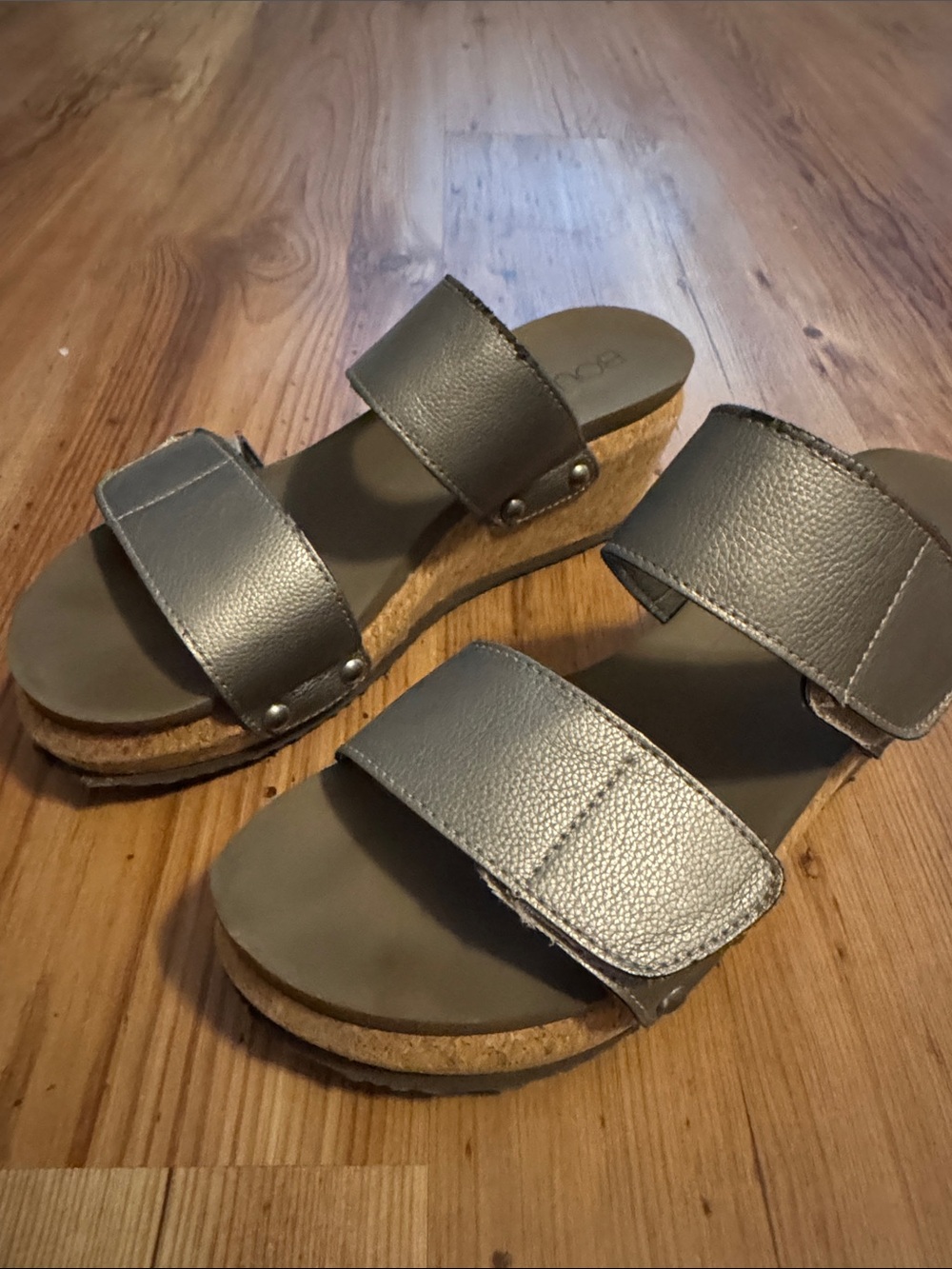 Womens Metallic Gray Double-Strap Cork Platform Sandals
